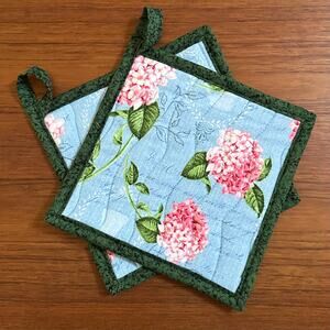 Handmade Pair of Pink & Green Floral Potholders